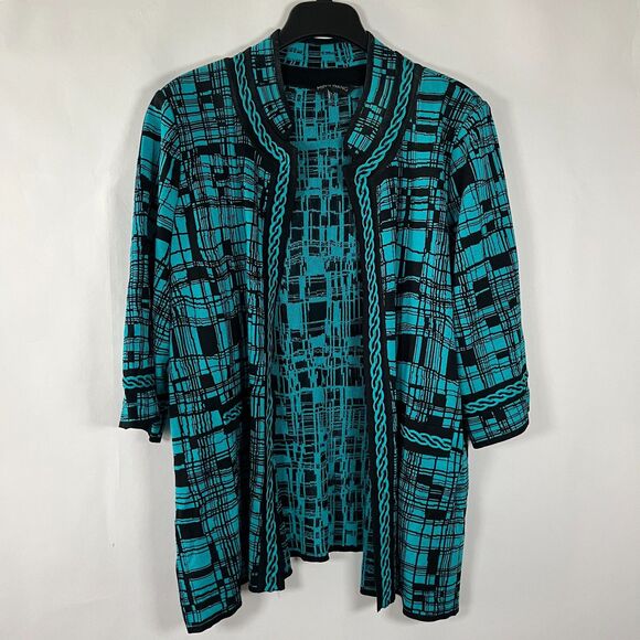 Ming Wang Cardigan Size 3X Teal Black Funky Artsy Abstract Colorful Work Office - Picture 2 of 15